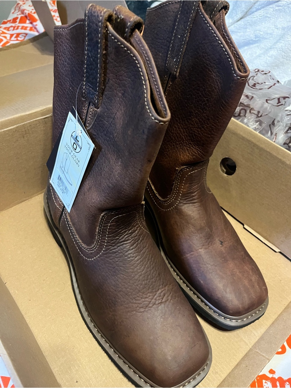 Men's Brown Leather Pull-On Western Work Boots